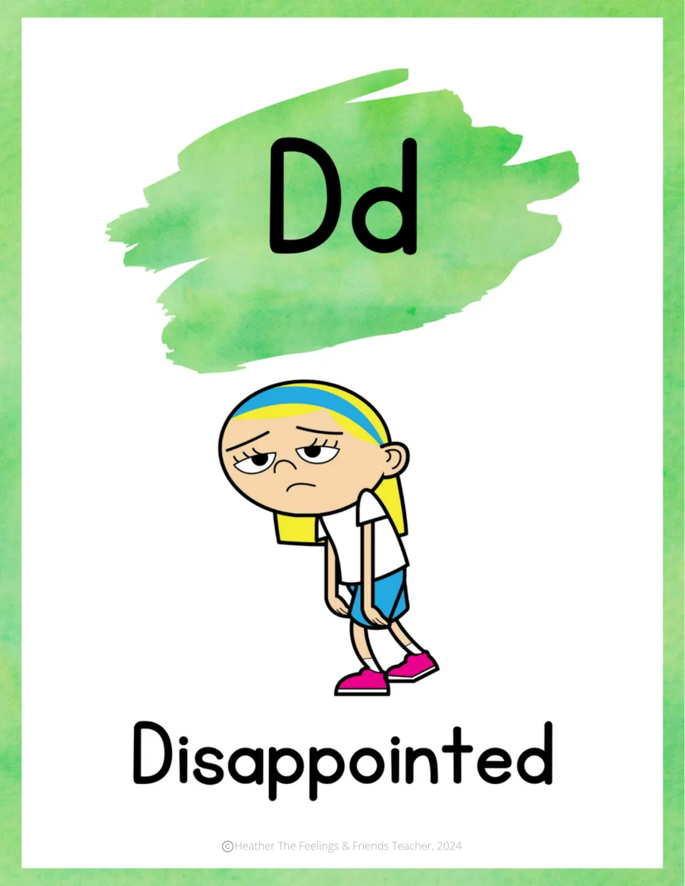 Letter Dd emotion poster: Disappointed, shown by a frowning child with drooping shoulders, arms hanging, looking downcast