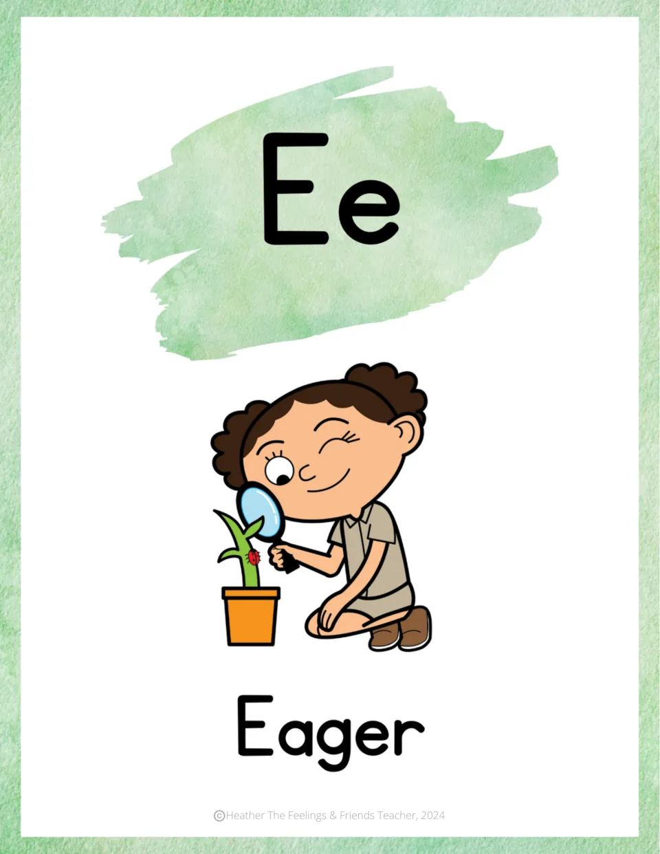 Letter Ee emotion poster: Eager, shown by a child kneeling to peer through a magnifying glass at a ladybug on a plant