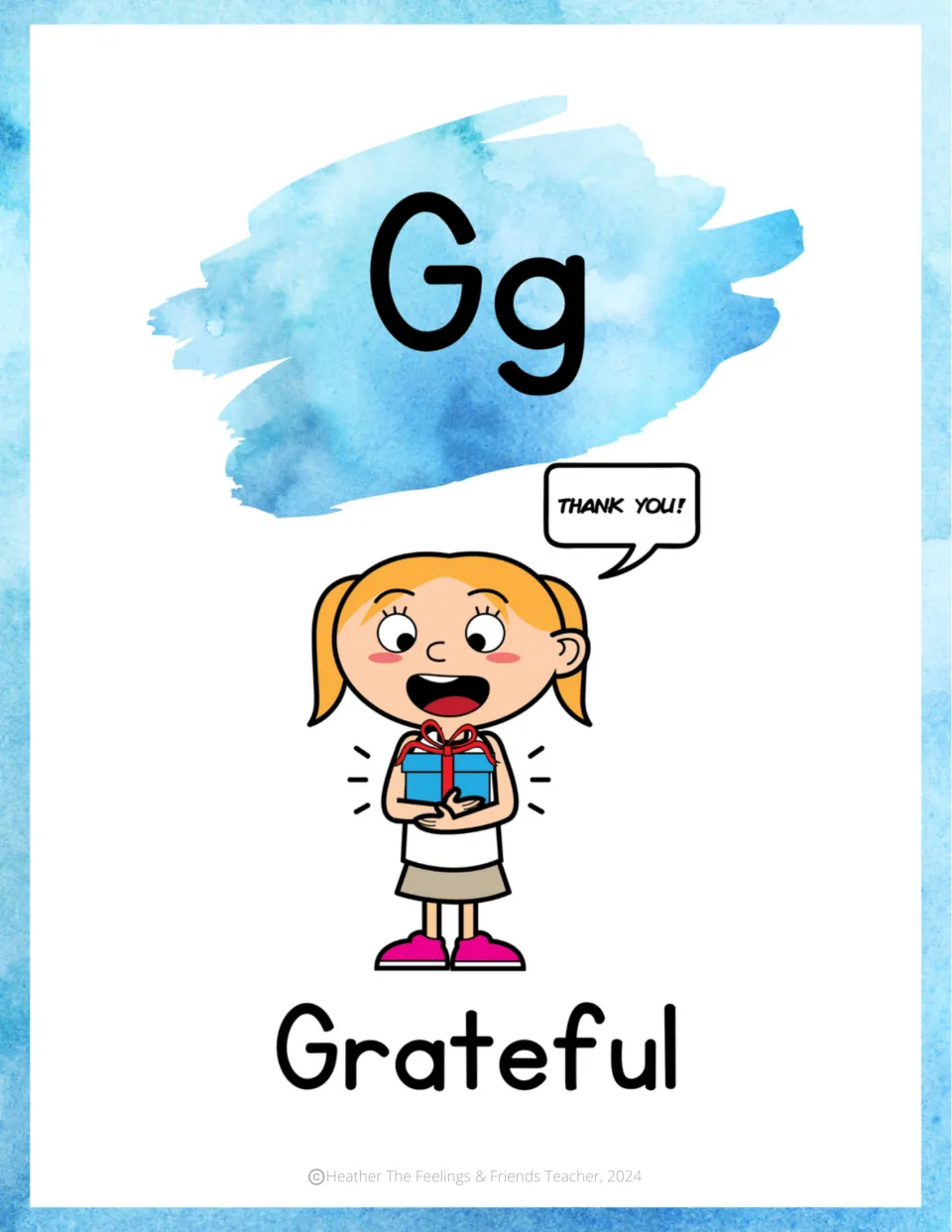 Letter Gg emotion poster: Grateful, shown by a happy child hugging a gift box with a speech bubble saying Thank You!