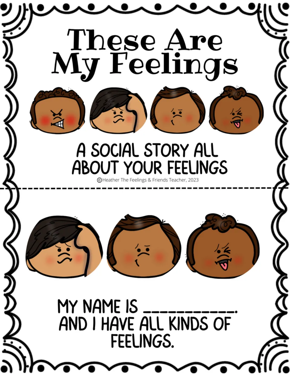 Social story opening sheet: a smaller cover and 'My name is' introduction saying I have all kinds of feelings