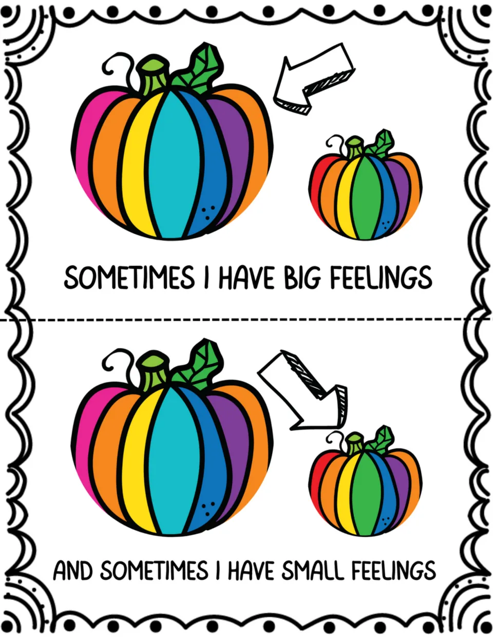 Two social story pages say 'Sometimes I have big feelings' and 'And sometimes I have small feelings'