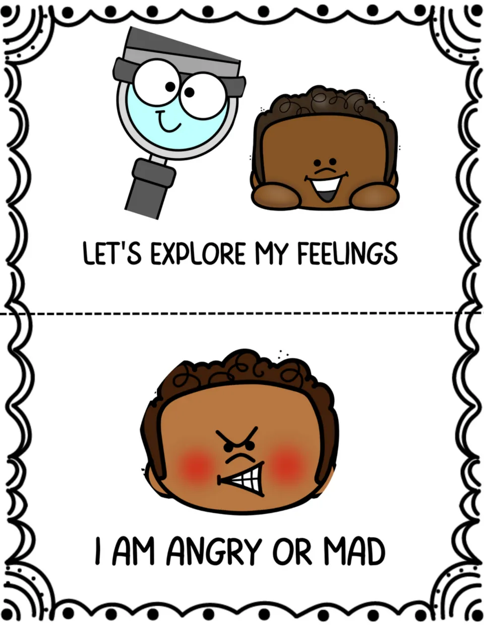 Two social story pages introduce exploring feelings and 'I am angry or mad,' illustrated by an angry face