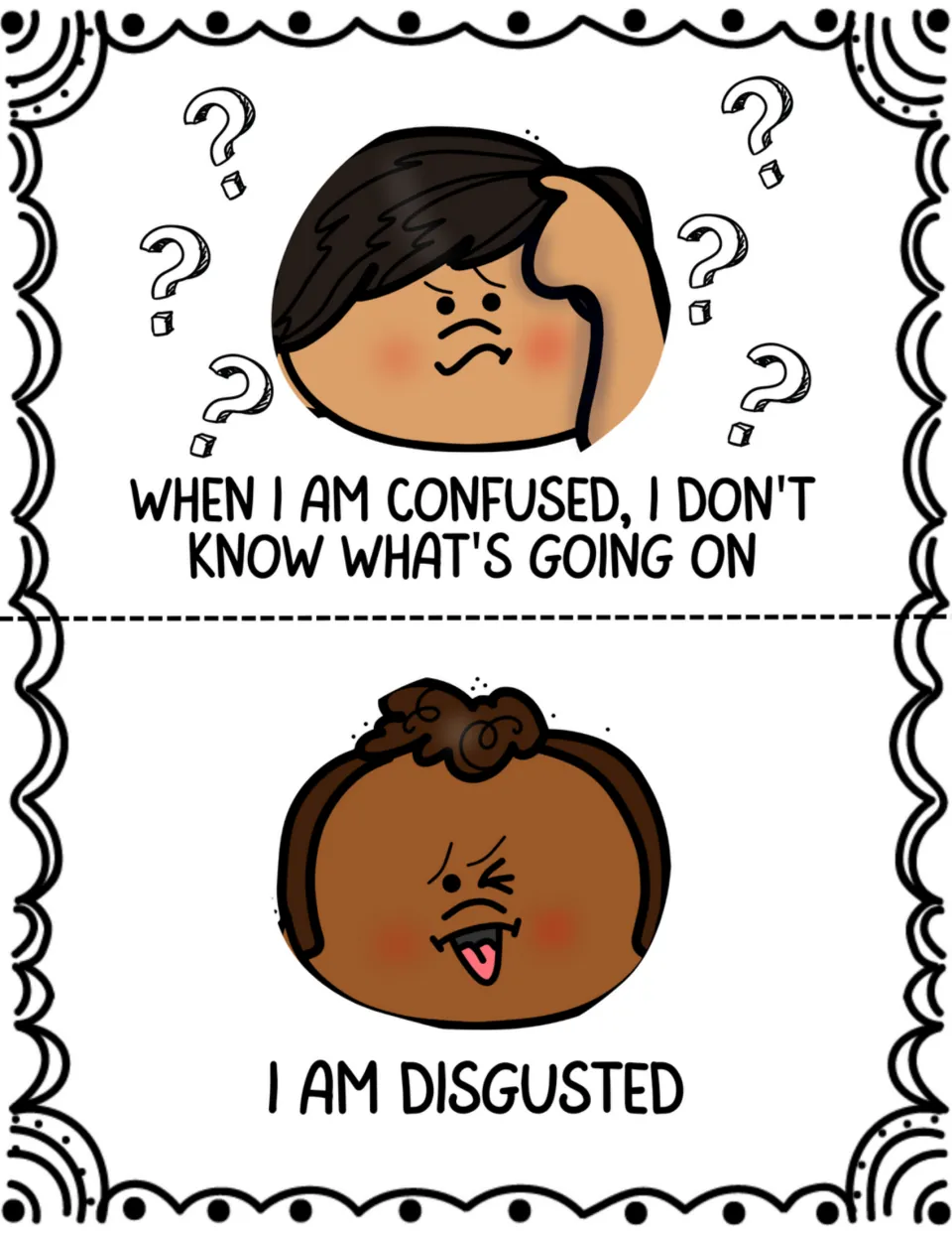 Two social story pages explain confusion as not knowing what's going on and introduce 'I am disgusted'