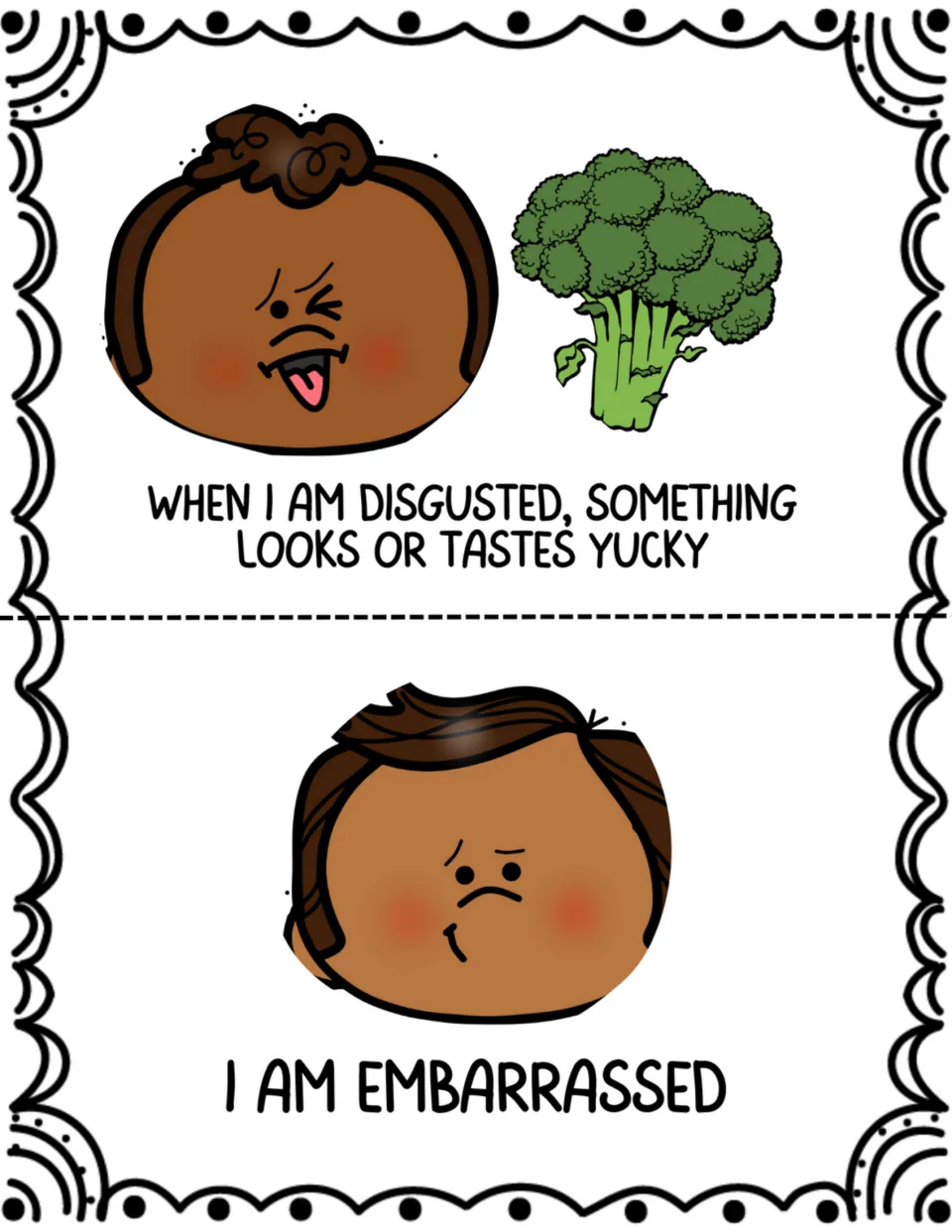 Two social story pages link disgust to something looking or tasting yucky and introduce 'I am embarrassed'