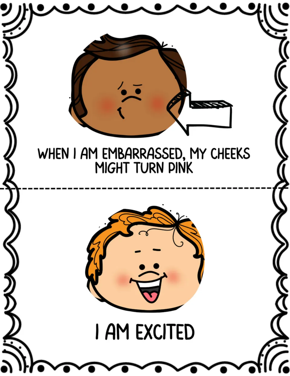 Two social story pages explain that cheeks might turn pink when embarrassed and introduce 'I am excited'