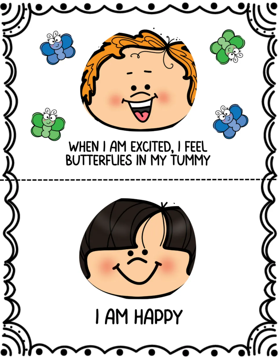 Two social story pages describe butterflies in the tummy when excited and introduce 'I am happy'