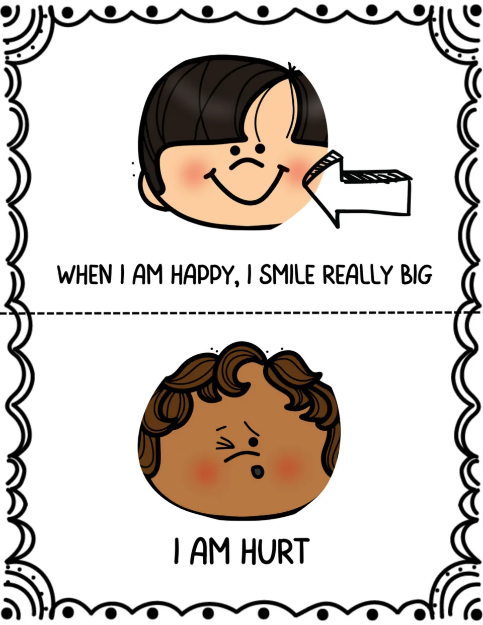 Two social story pages explain 'When I am happy, I smile really big' and introduce the feeling 'I am hurt'