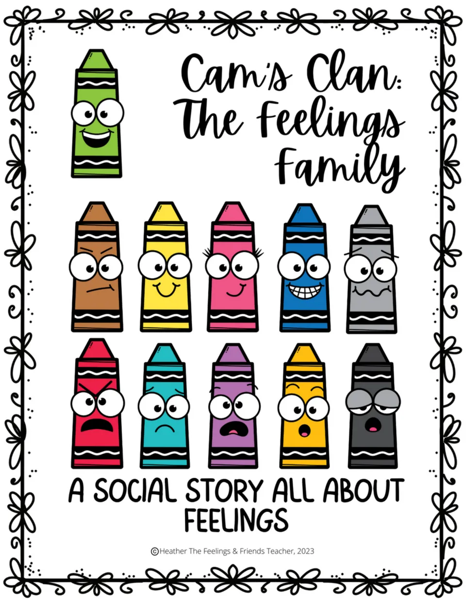 Social story cover introduces Cam and a family of colored crayons showing different facial expressions