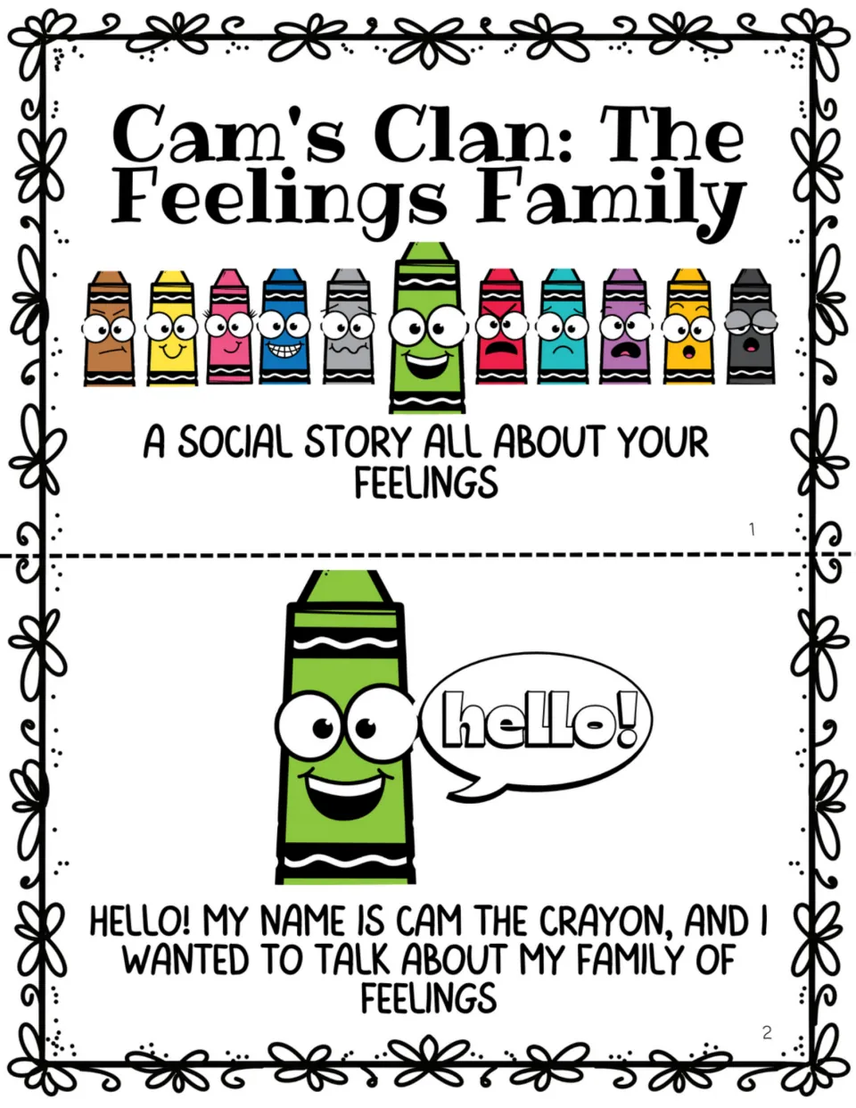 Story pages 1–2: a title page presents the feelings family, and Cam the Crayon introduces himself