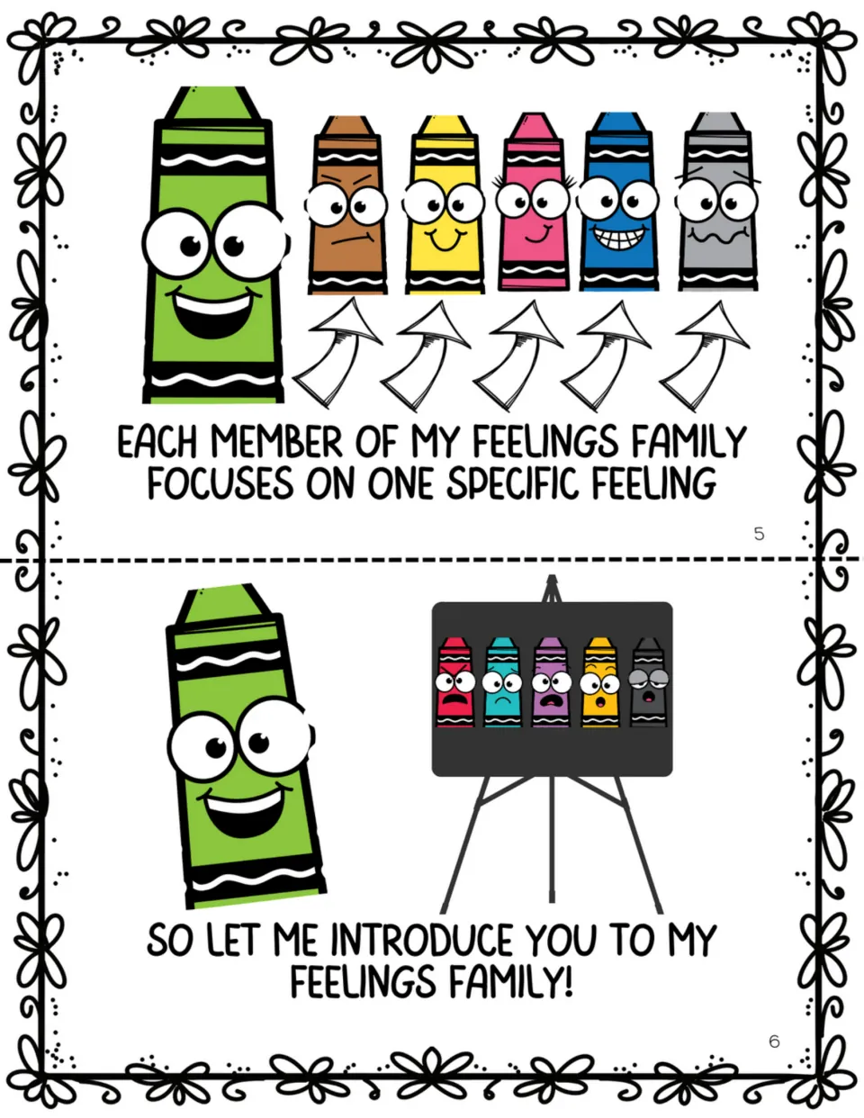 Story pages 5–6: each member of Cam’s feelings family focuses on one feeling, and Cam introduces the family