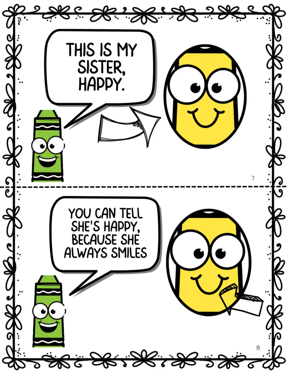 Story pages 7–8: Cam introduces his sister Happy, a yellow crayon, and identifies her smile as a happiness clue