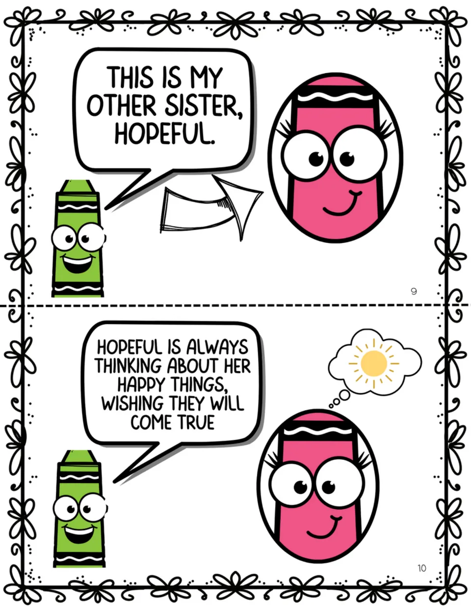 Story pages 9–10: Cam introduces his sister Hopeful, who thinks about happy things and wishes they will come true