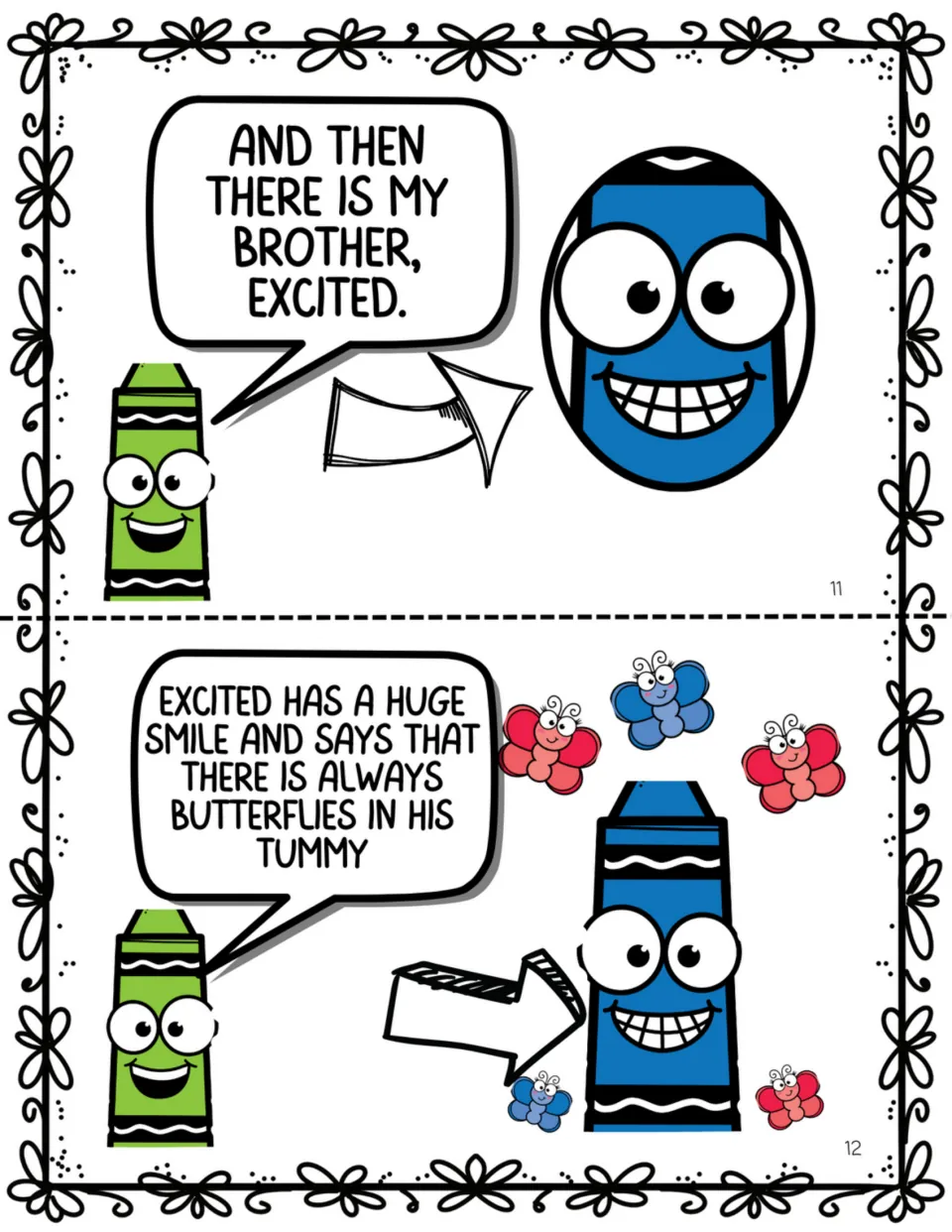 Story pages 11–12: Cam introduces his brother Excited, who has a huge smile and butterflies in his tummy