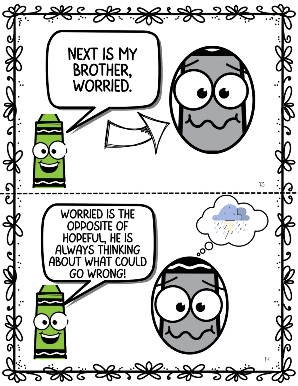 Story pages 13–14: Cam introduces his brother Worried, the opposite of Hopeful, who thinks about what could go wrong