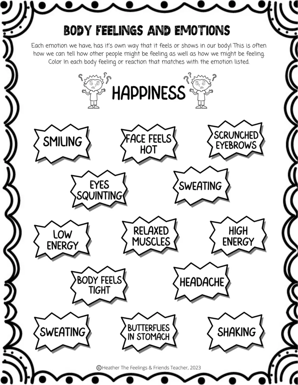 Happiness: students color the body reactions that match being happy, such as smiling, relaxed muscles and high energy