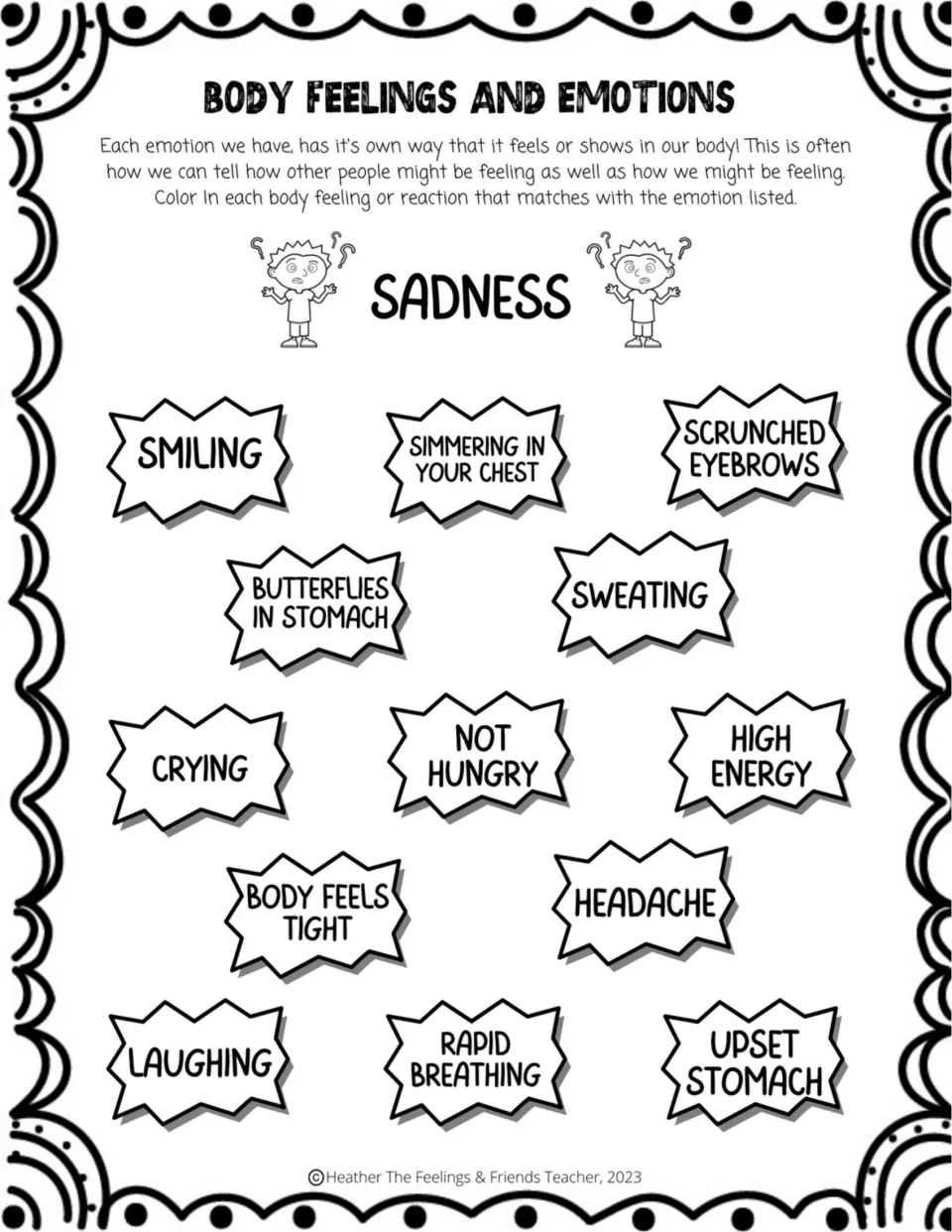 Sadness: children shade the signs that fit feeling sad, choosing from crying, not hungry, headache and upset stomach