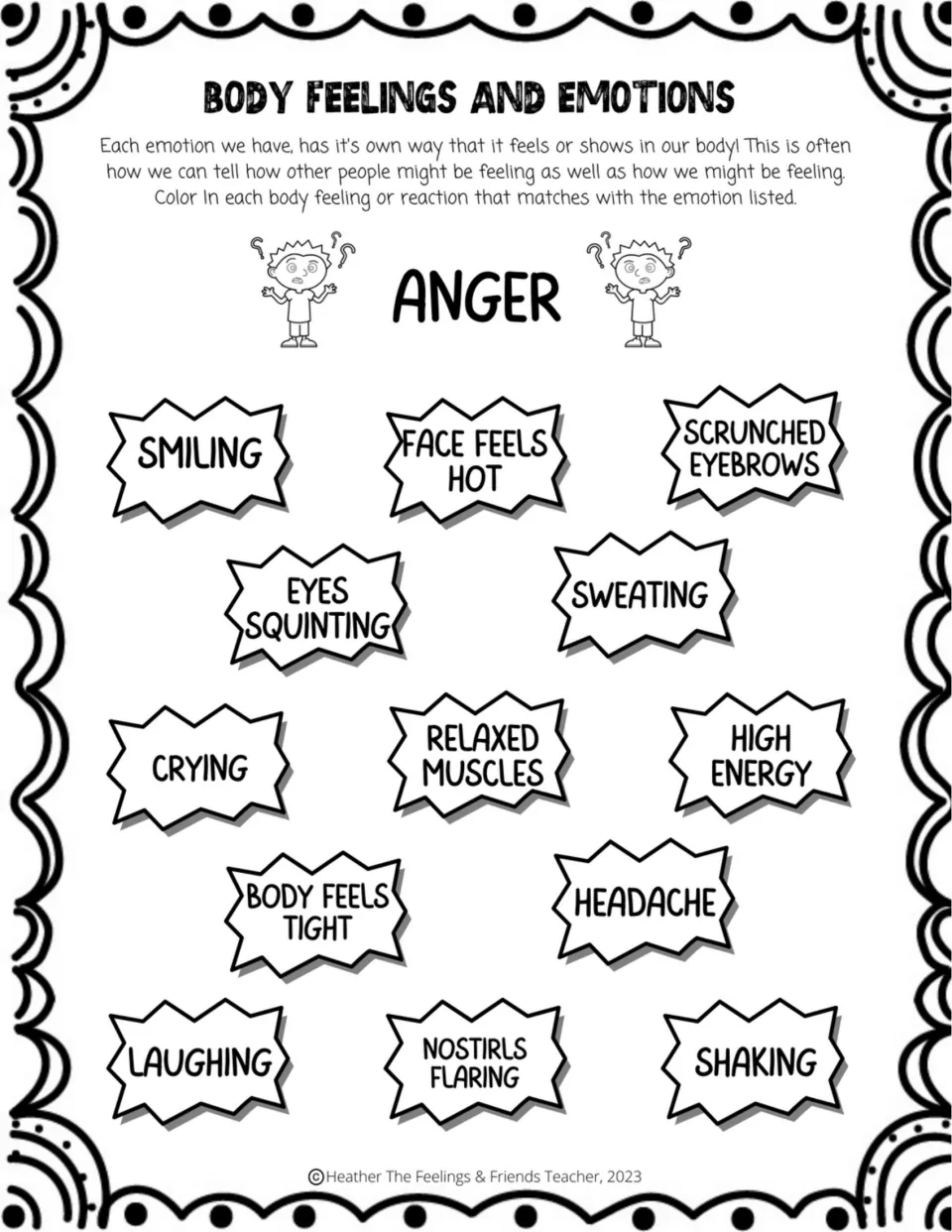 Anger: learners color the physical signals of being mad, like face feels hot, nostrils flaring and shaking