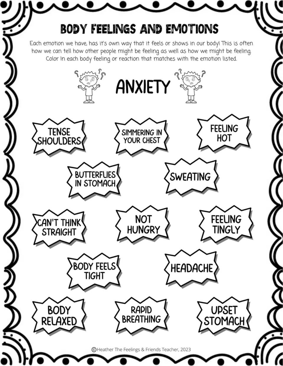Anxiety: identify and color worry cues including tense shoulders, rapid breathing and can't think straight