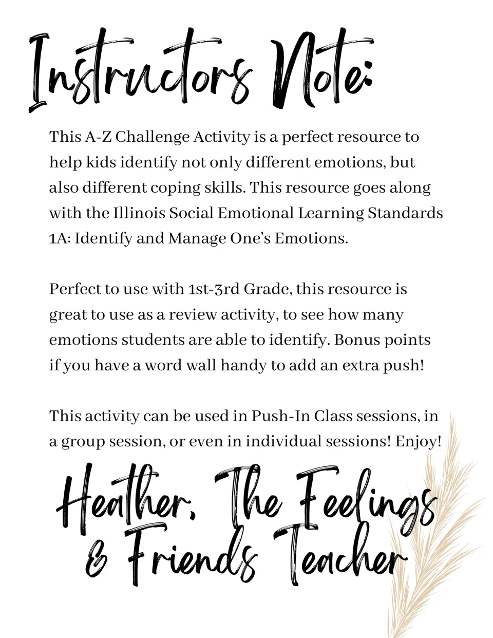 Instructor's note explaining the A-Z activity for naming emotions and coping skills and its use in group or solo sessions