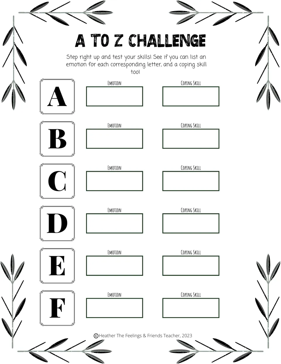 A to Z Challenge, letters A to F: students write an emotion and a coping skill that each begin with the given letter