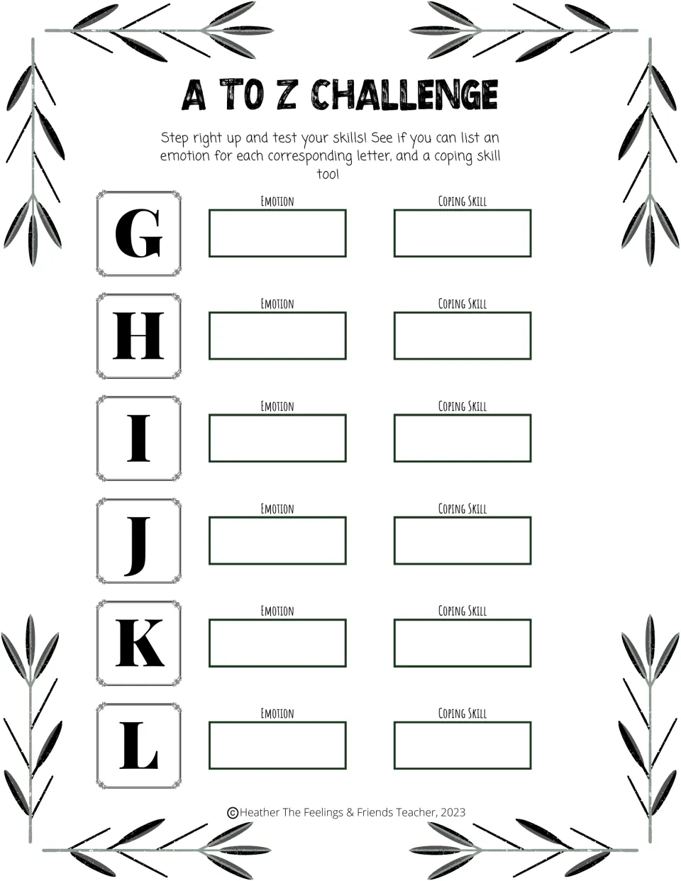 A to Z Challenge, letters G to L: students name one emotion and one coping skill starting with each of these letters