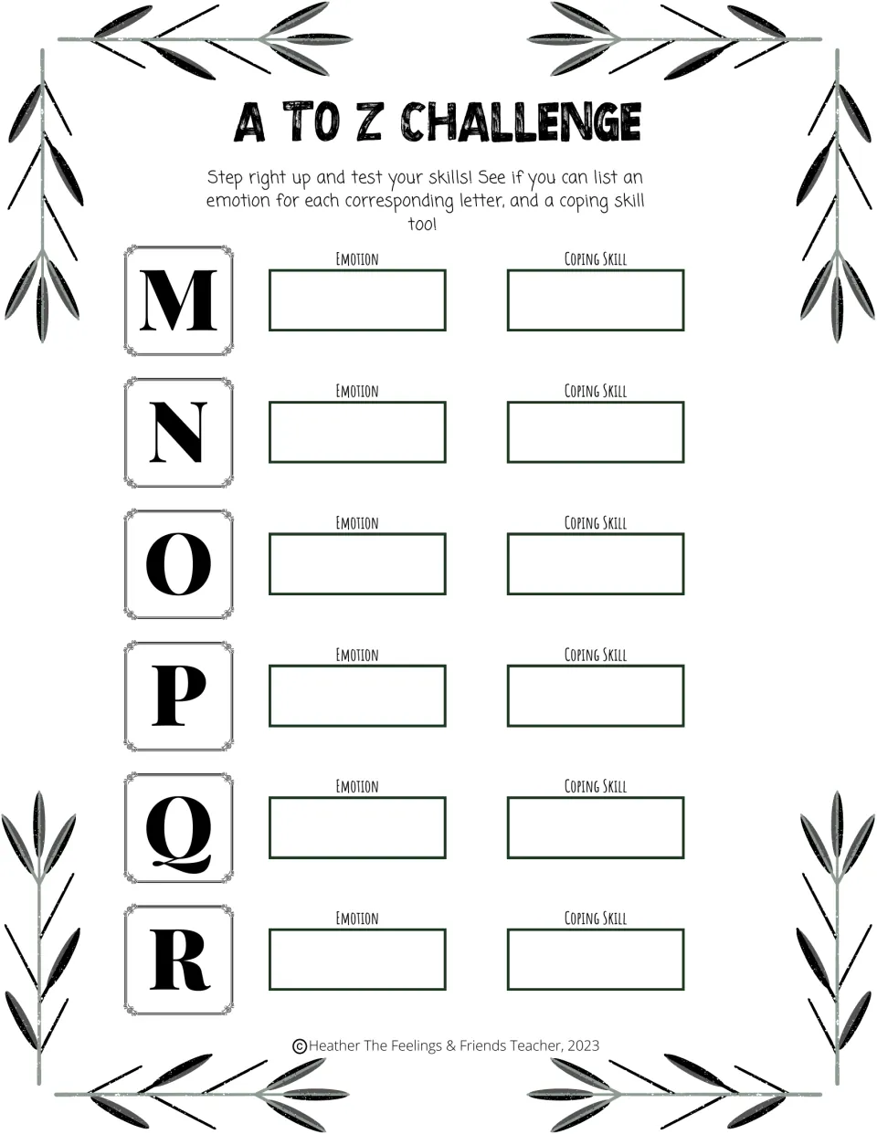 A to Z Challenge, letters M to R: for each letter, students list a matching feeling word and a strategy for coping
