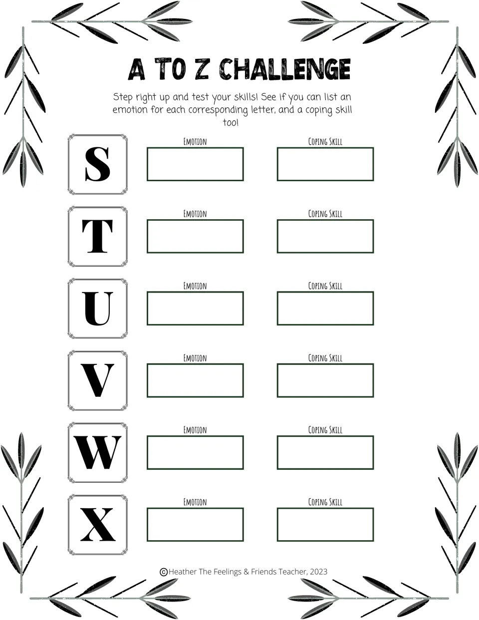 A to Z Challenge, letters S to X: students fill in an emotion and a coping skill beginning with S, T, U, V, W and X