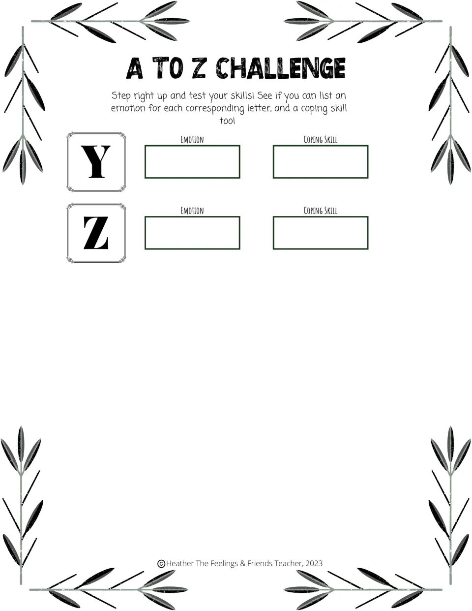 A to Z Challenge final page, letters Y and Z: students finish by writing an emotion and a coping skill for each letter