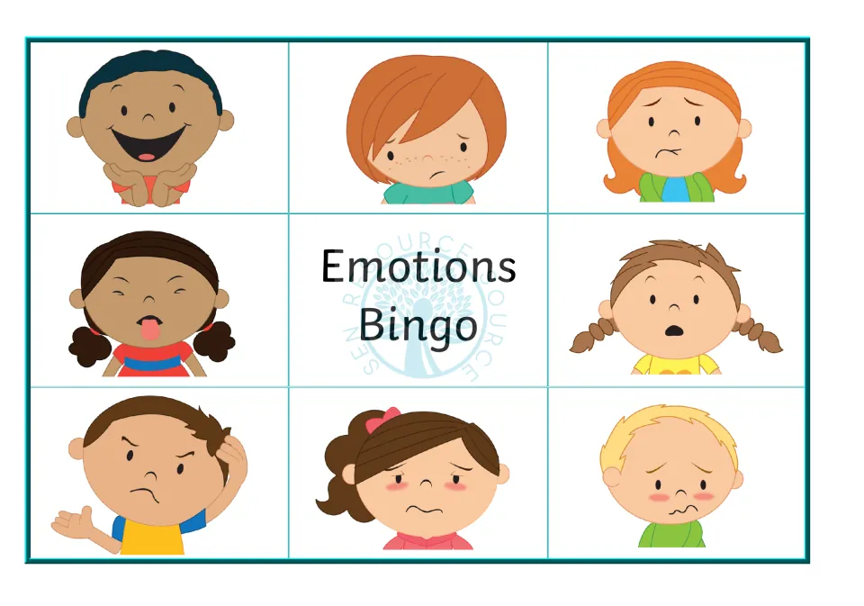 Bingo board 1: eight faces showing happy, sad, worried, disgusted, surprised, confused, embarrassed and poorly