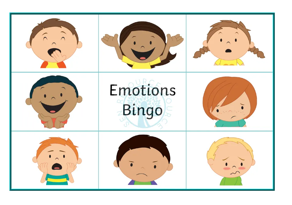 Bingo board 2: eight faces showing tired, excited, surprised, happy, sad, scared, angry and poorly