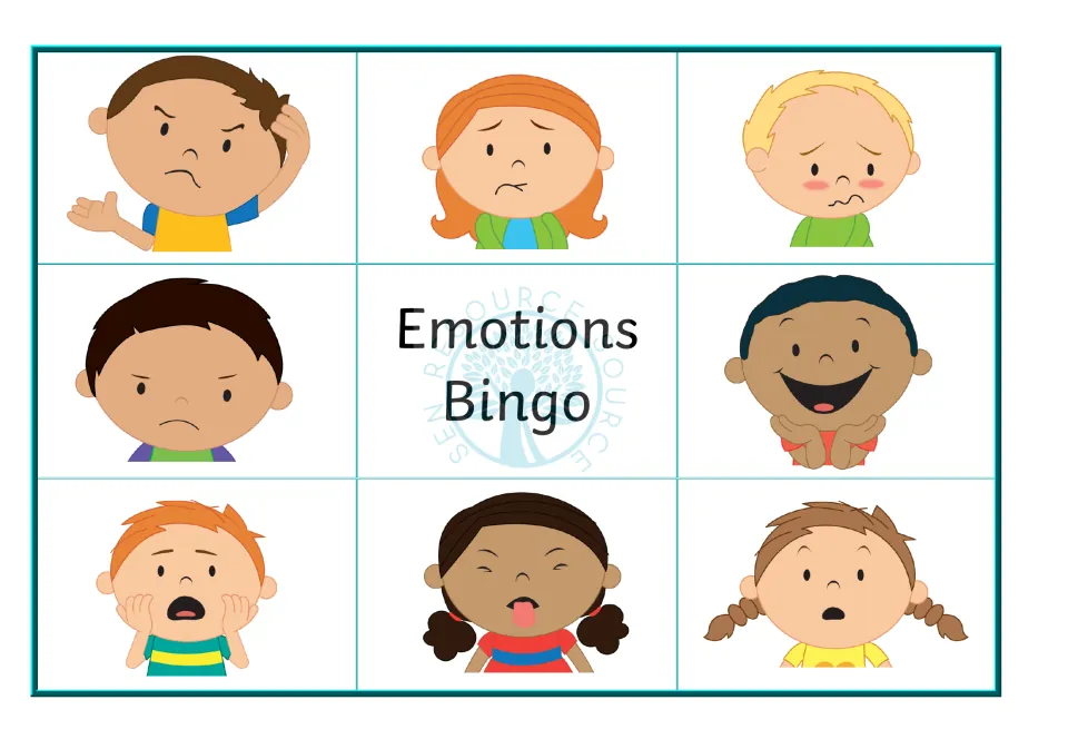 Bingo board 3: eight faces showing confused, worried, poorly, angry, happy, scared, disgusted and surprised