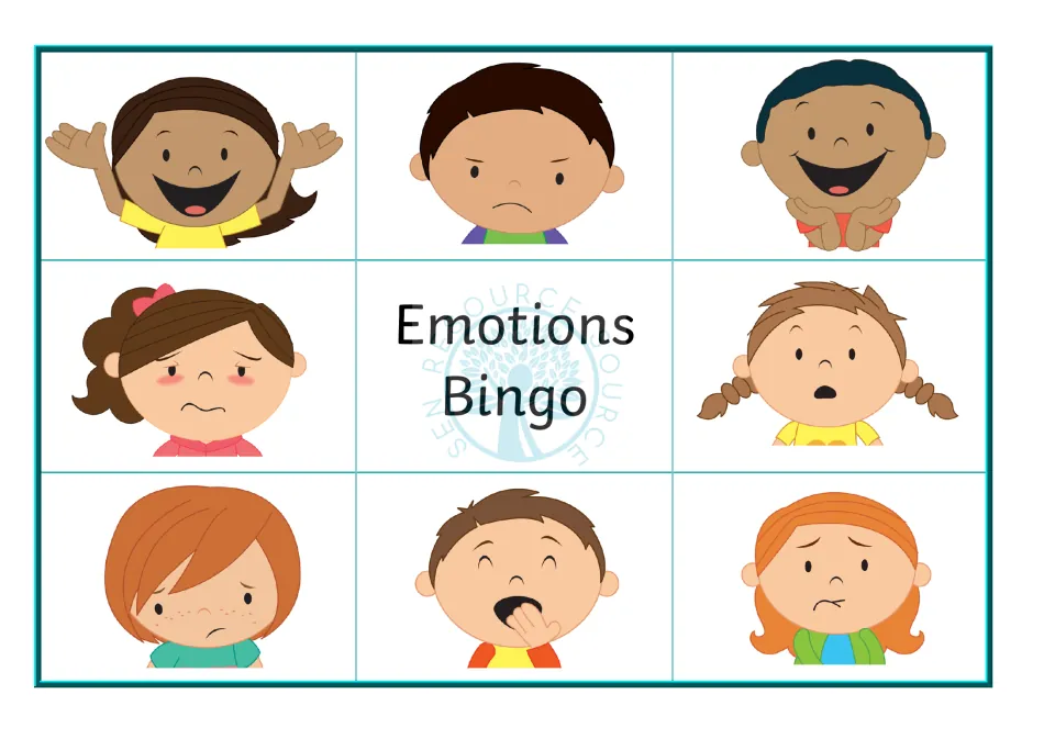 Bingo board 4: eight faces showing excited, angry, happy, embarrassed, surprised, sad, tired and worried