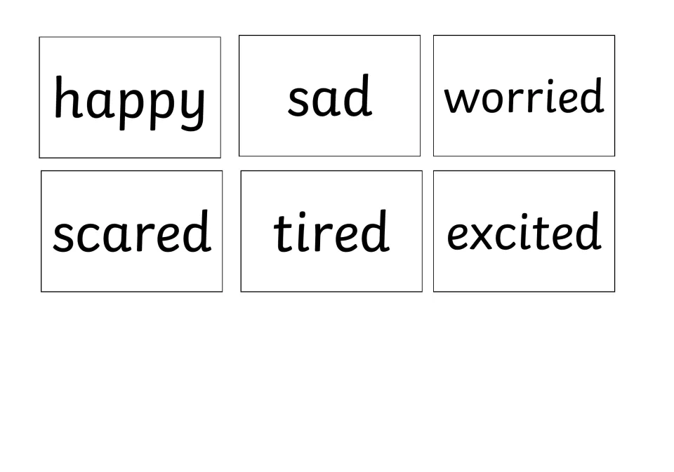 Emotion word calling cards 1–6 for bingo: happy, sad, worried, scared, tired and excited