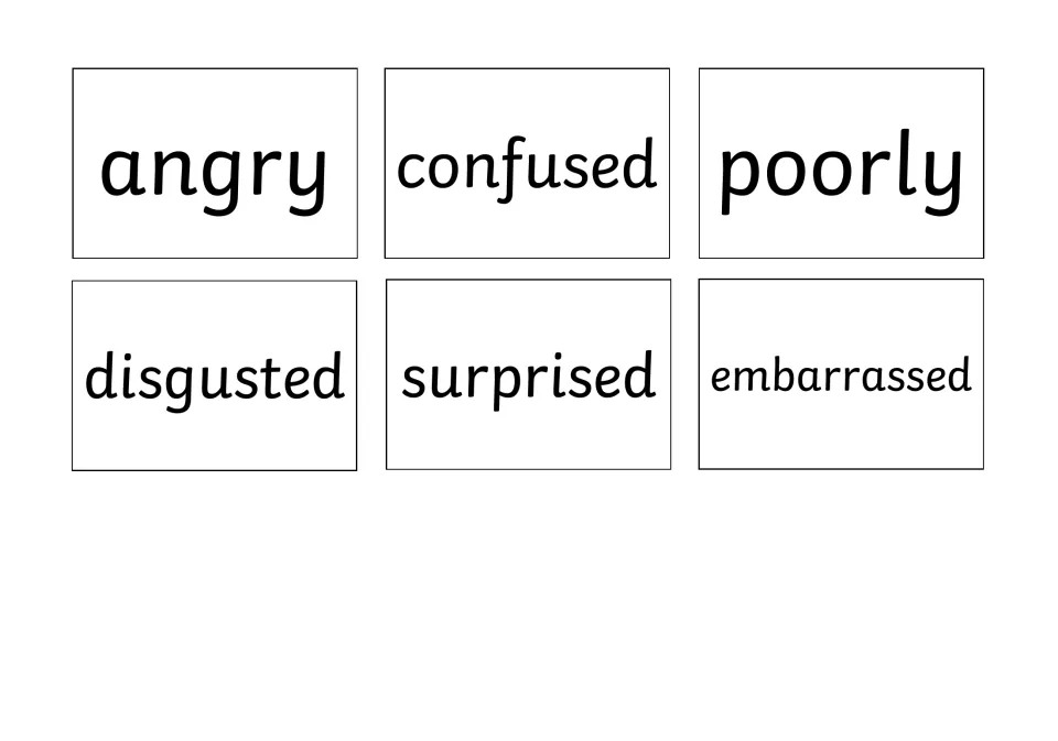 Emotion word calling cards 7–12 for bingo: angry, confused, poorly, disgusted, surprised and embarrassed