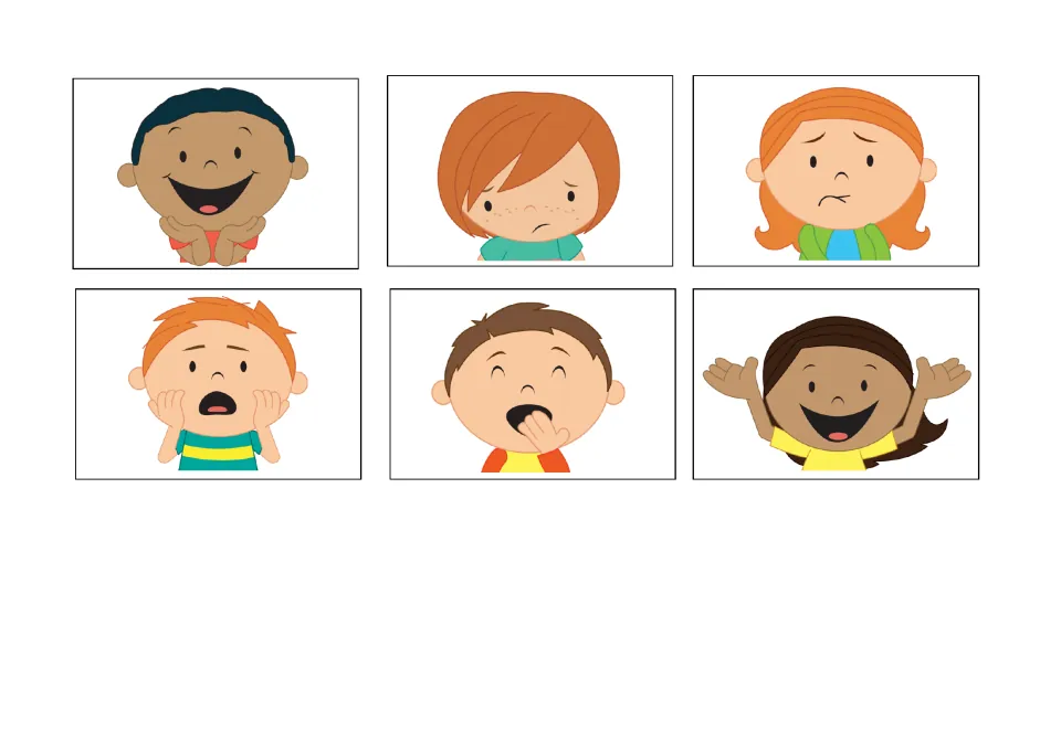 Emotion picture cards 1–6 for bingo: faces showing happy, sad, worried, scared, tired and excited