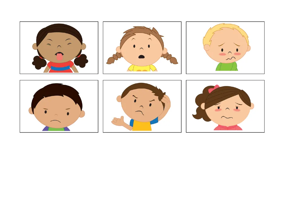 Emotion picture cards 7–12: faces showing disgusted, surprised, poorly, angry, confused and embarrassed