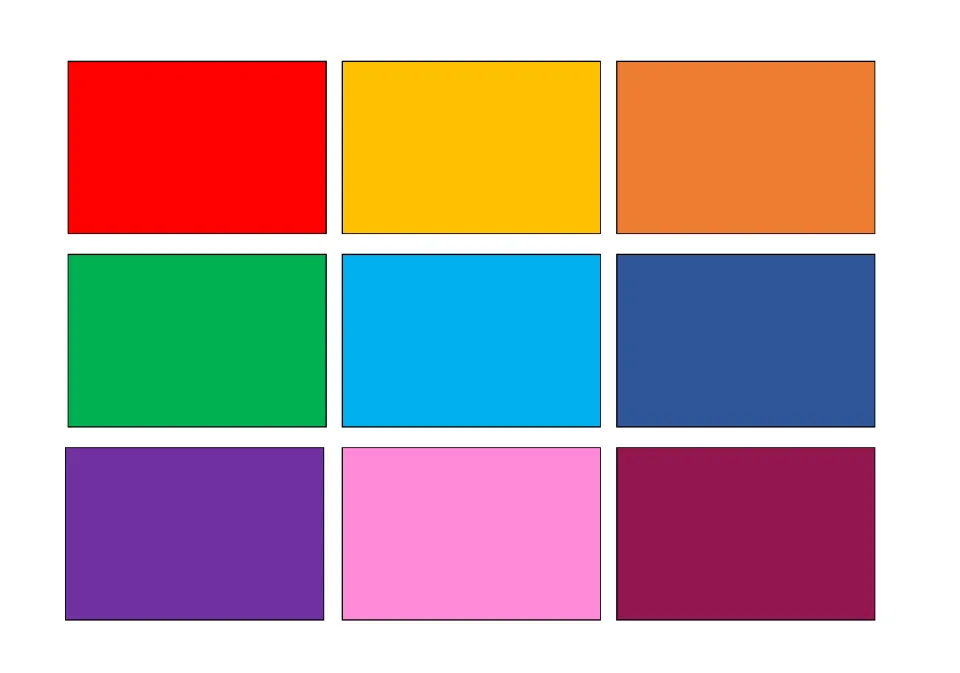 Nine solid color cards in the bingo resource: red, yellow, orange, green, light blue, dark blue and three more