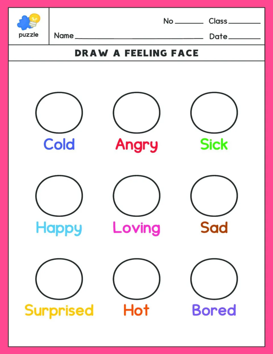 Feeling-face drawing sheet: cold, angry, sick, happy, loving, sad, surprised, hot, and bored prompts