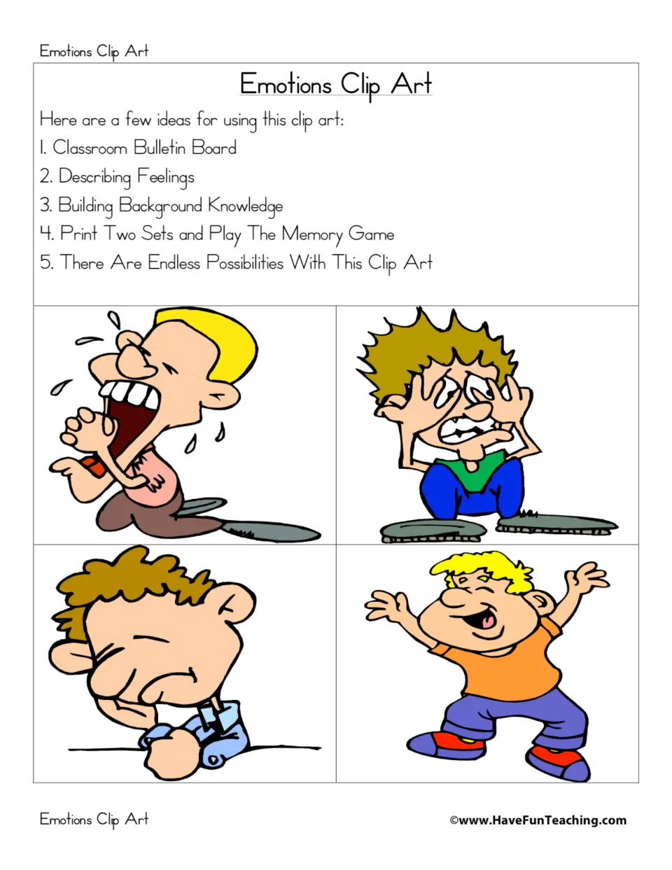 Feelings clip art title page listing uses like a bulletin board and memory game, with crying, scared, sad and happy kids