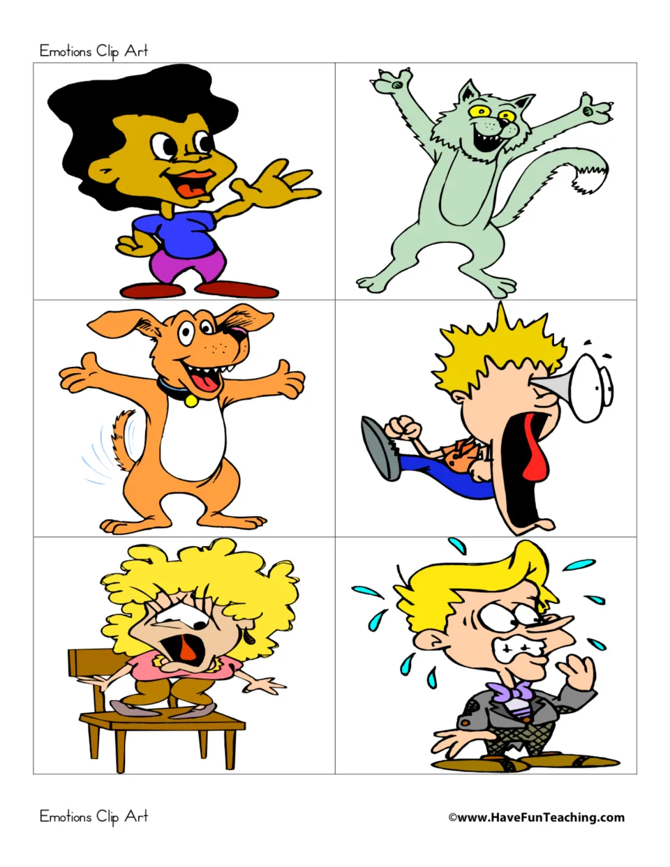 Six feeling pictures: a cheerful girl, a dancing cat, a happy dog, a shocked boy, a scared girl on a chair, a nervous boy