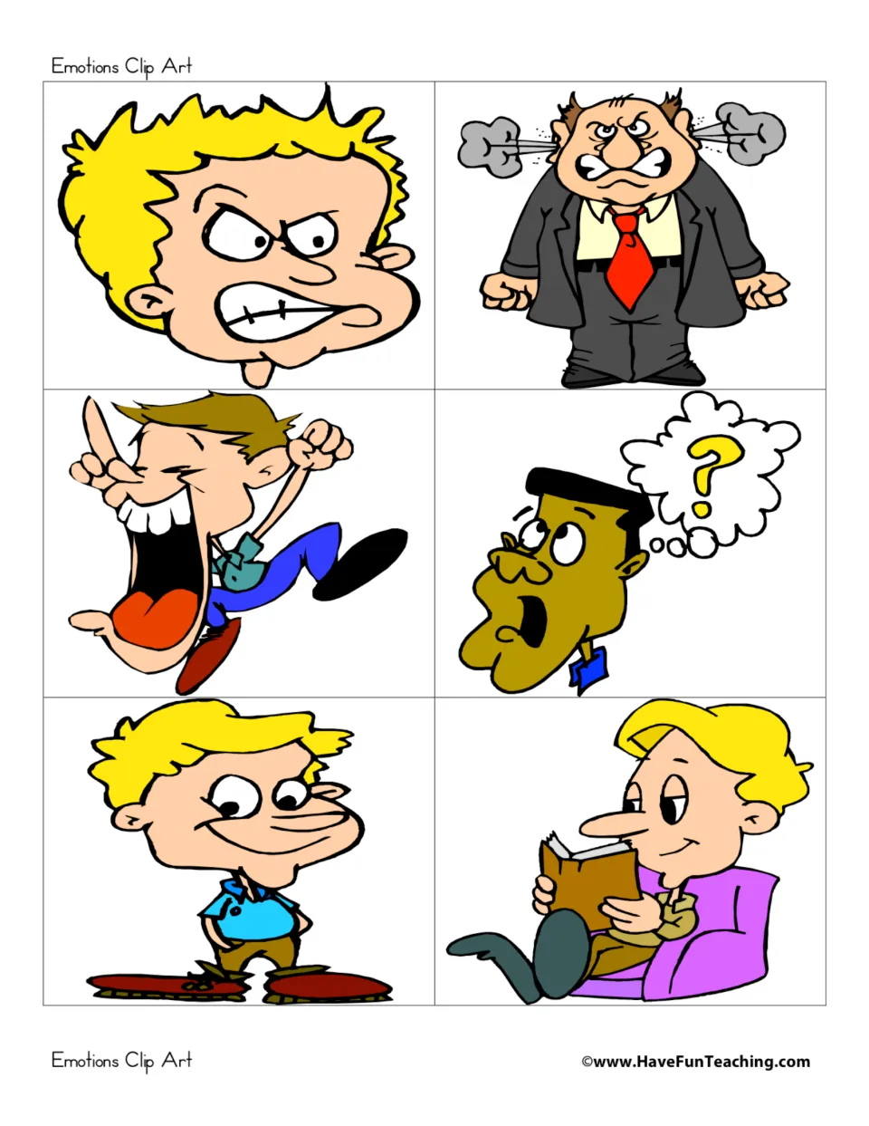 Six more feeling pictures: an angry boy, a fuming man, a laughing boy, a puzzled man, a grinning boy, a calm reader