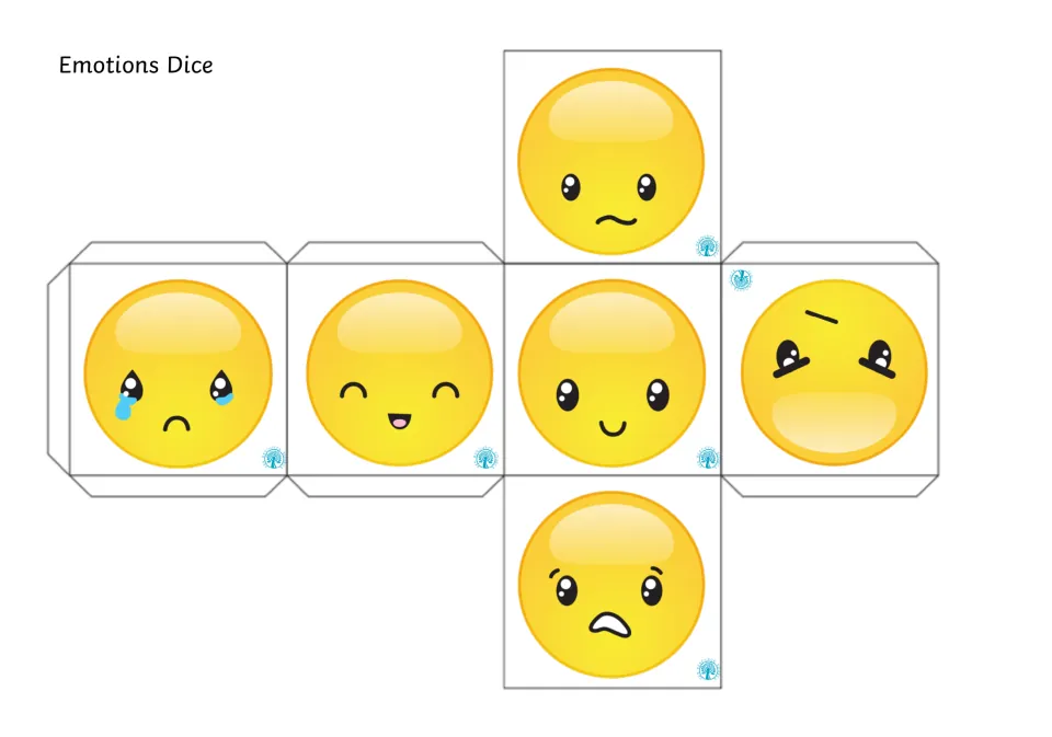 Unlabeled emoji cube net: six yellow faces showing different feelings for students to name after folding and rolling