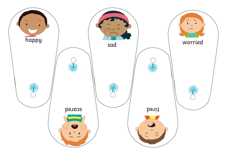 Feelings fan cut-out pieces: five blades showing children's faces labeled happy, sad, worried, scared and tired