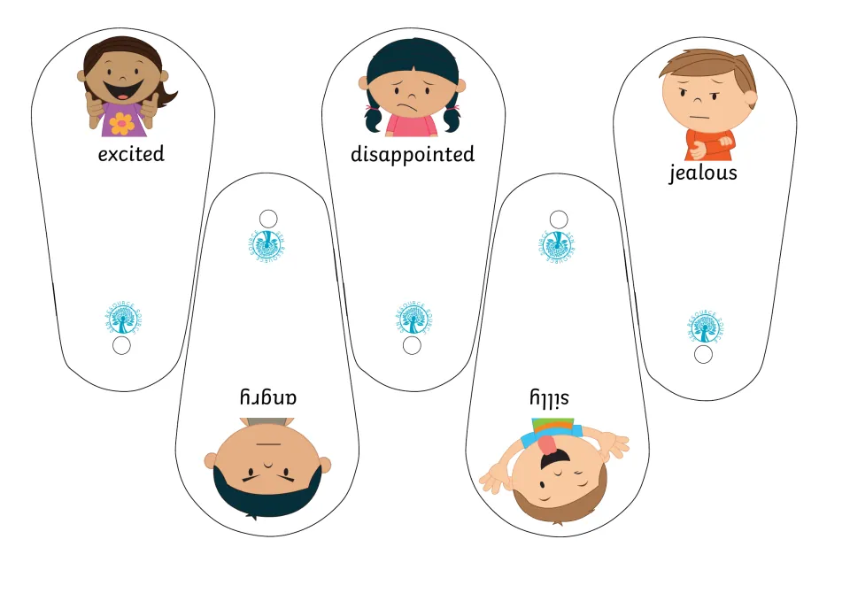 More fan cut-out pieces naming emotions: excited, disappointed, jealous, angry and silly, each with a matching face