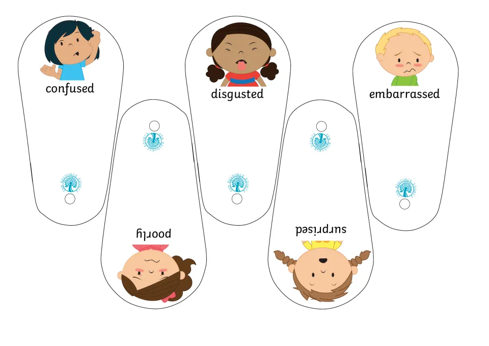 Final fan cut-out pieces for identifying feelings: confused, disgusted, embarrassed, poorly and surprised faces