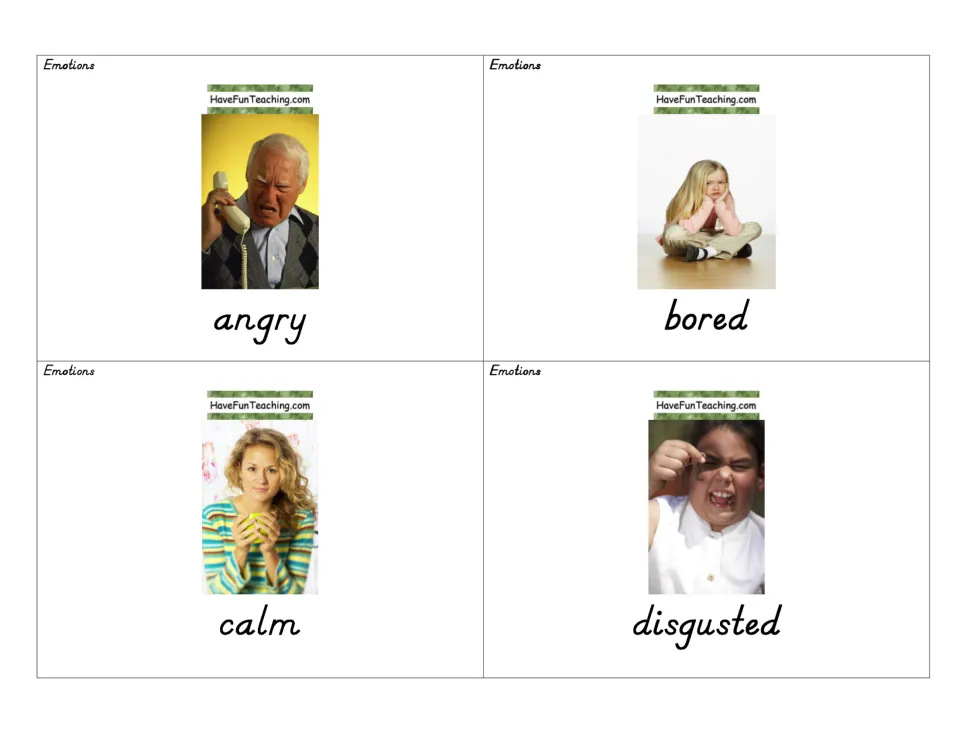 Feelings vocabulary: four photo cards matching faces to the words angry, bored, calm and disgusted for emotion naming