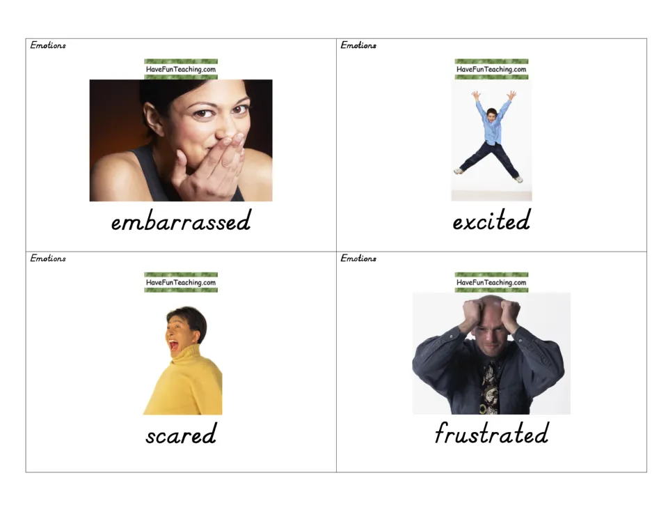Emotion photo cards for embarrassed, excited, scared and frustrated, each pairing a real facial expression with its word