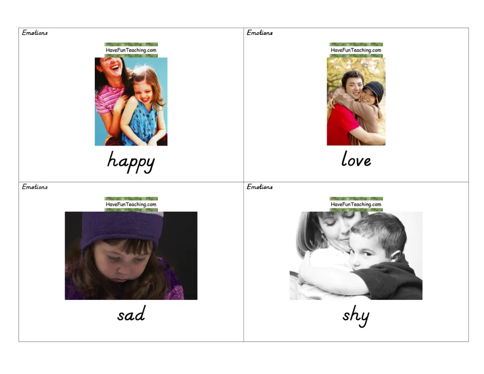 Feeling cards showing happy, love, sad and shy with photos of children and adults so students can recognize each emotion