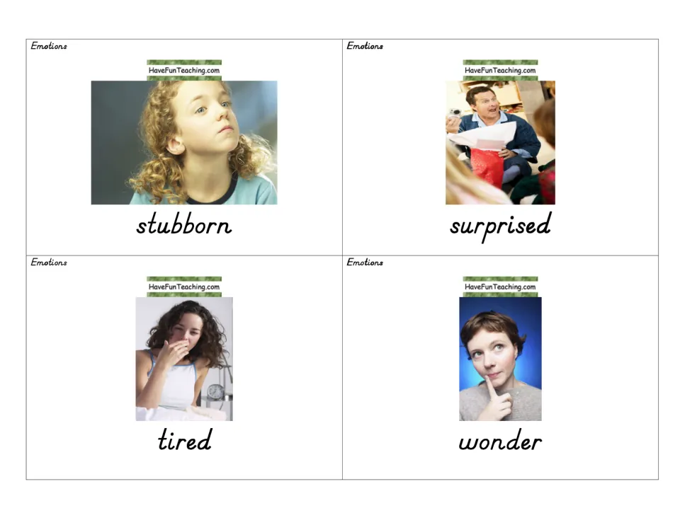 Photo word cards for stubborn, surprised, tired and wonder, linking facial expressions and body language to feeling words