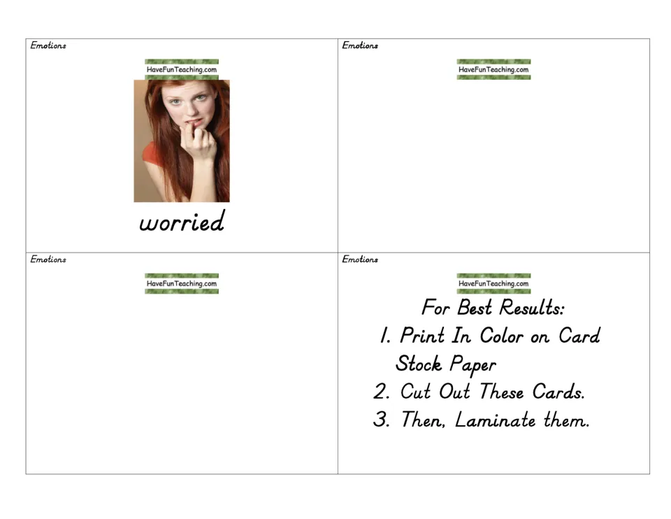 Final worried photo card, two blank cards and printing tips: print in color on card stock, cut out the cards, then laminate